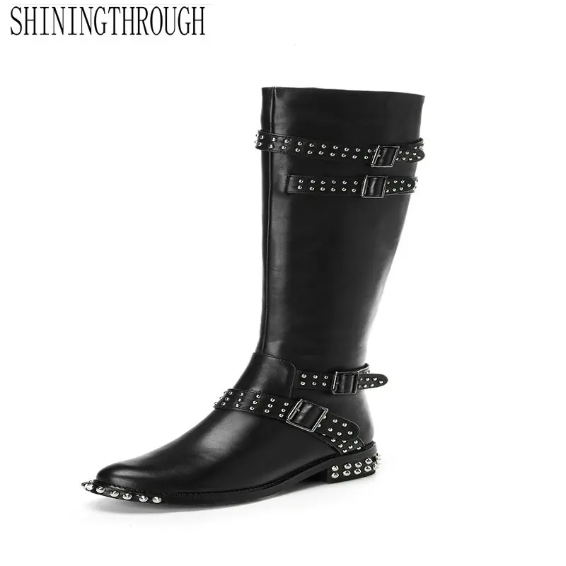 

Genuine Leather fashion Buckle Decoration Zipper women boots Round Toe Women Shoes Leisure Med Heel Knee High Boots Size 34-39