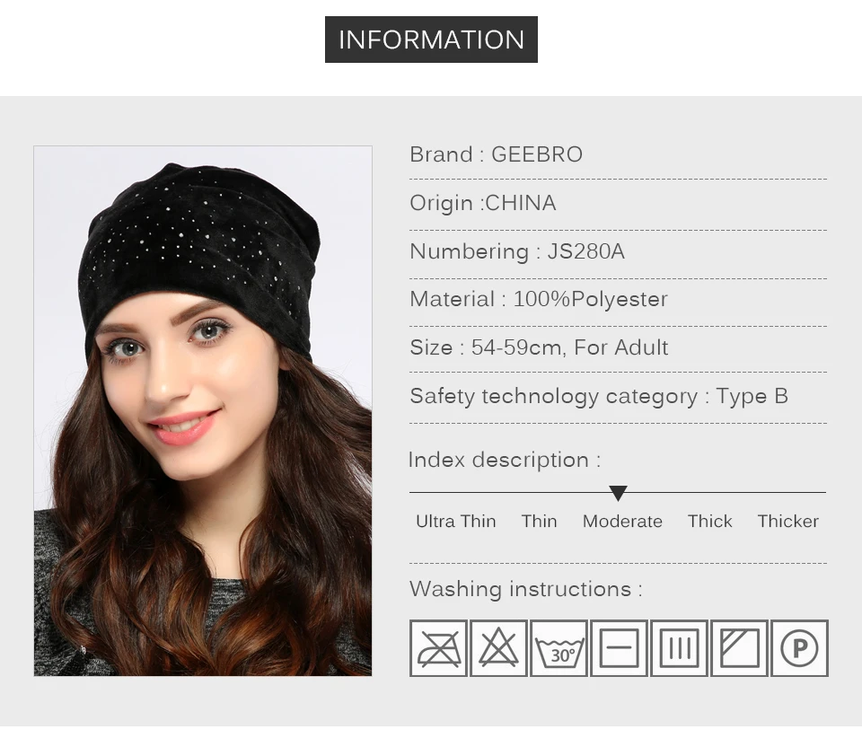 Geebro Фирменная новинка Женская шапка бини Повседневная бархатная громоздкая шапочка для женщин Стразы Skullies Beanies Балаклава капот женский
