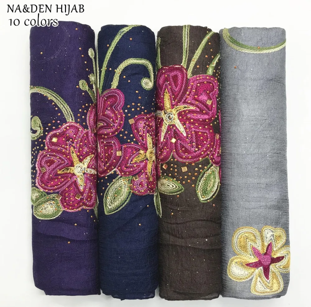 

1PC NEW embroidery flower scarf rhinestone shimmer design scarves shawls luxury women islamic scarves brand muffler 10pcs/lot