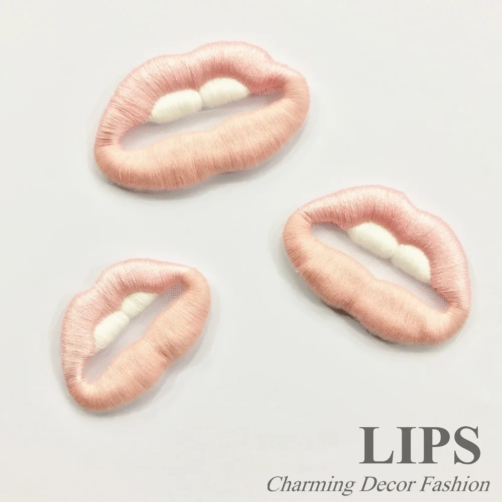 Pink Lip Embroidery Patches Net Mesh Fabric Sewing Jeans Clothes