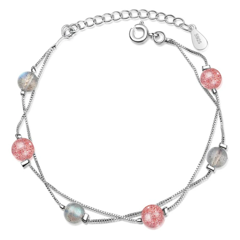 

Sole Memory Strawberry Crystal Moonstone Double Layer Ball 925 Sterling Silver Female Resizable Bracelets SBR196