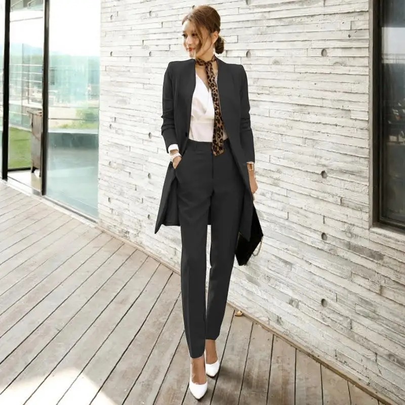 

Women Fashion Office Clothes 2 Piece Set Long Blazer Jacket Pants Slim Waistband Outfit