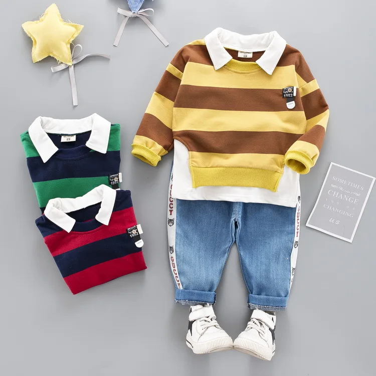

Spring Baby Long-sleeved Cotton Striped Suit Male Baby Fake Collar Two-piece Kids Clothes Girls Clothes Fashion