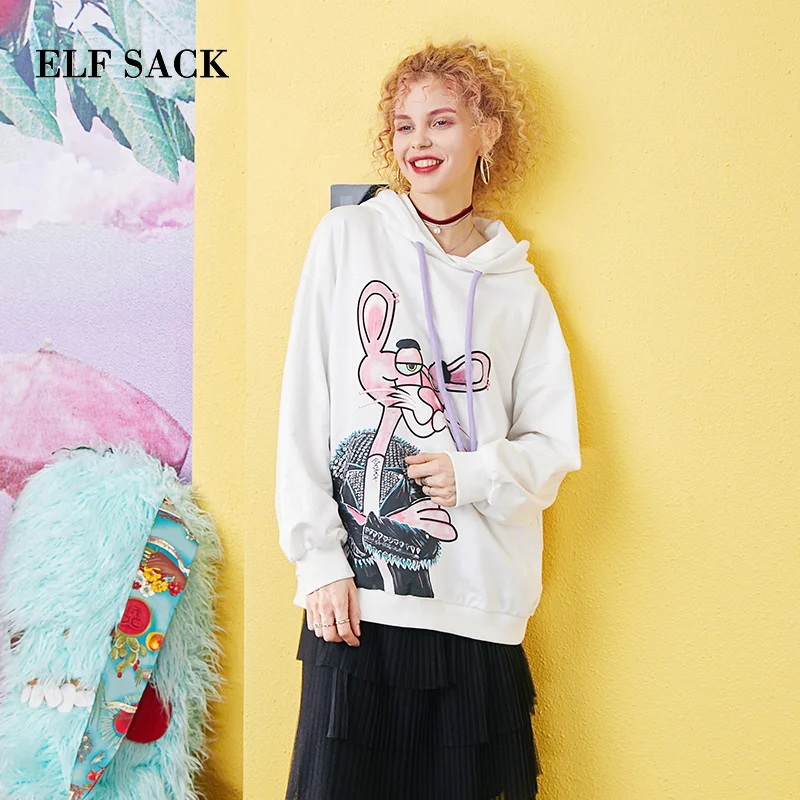 

ELF SACK 2019 Woman Oversized Sweatshirts Cotton Hooded Animal Print Pullovers Women Streetwear Preppy Style Ladies Sudadera