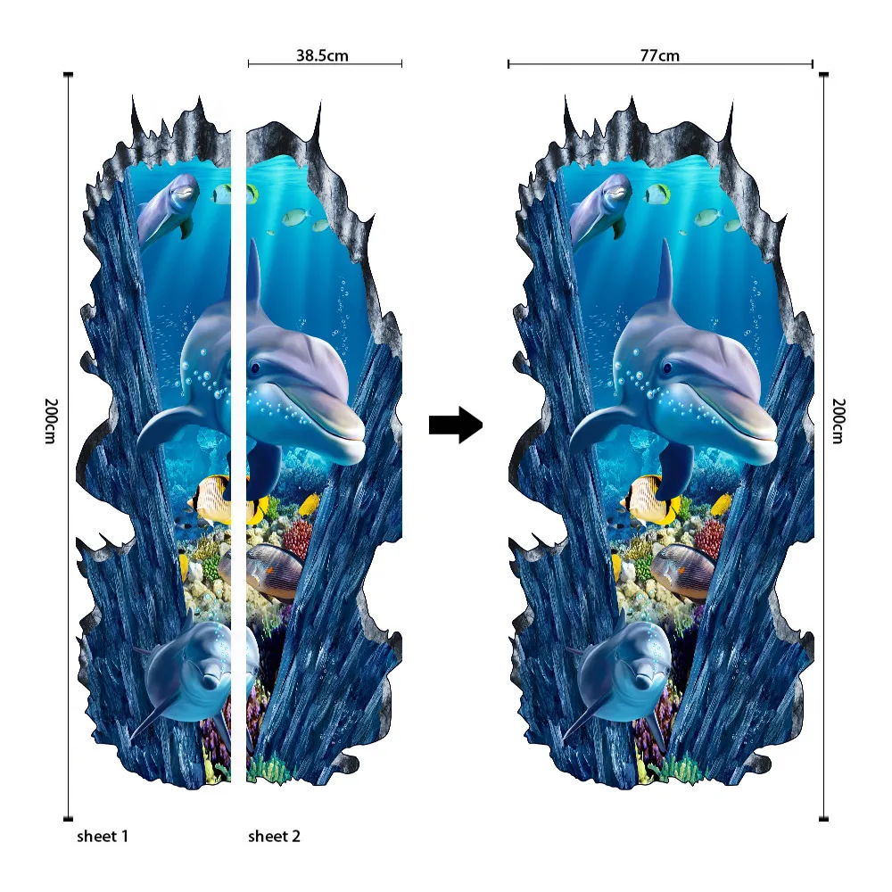 3D дверной стикер подводный мир Прекрасный Дельфин домашний декор DIY самоклеющиеся декоративные водонепроницаемые художественные Настенные обои с надписью