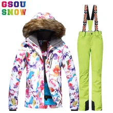 Gsou Snow/лыжи костюм Женская лыжная куртка брюки Водонепроницаемая дышащая сноуборд куртка брюки зимняя уличная дешевая Лыжная одежда