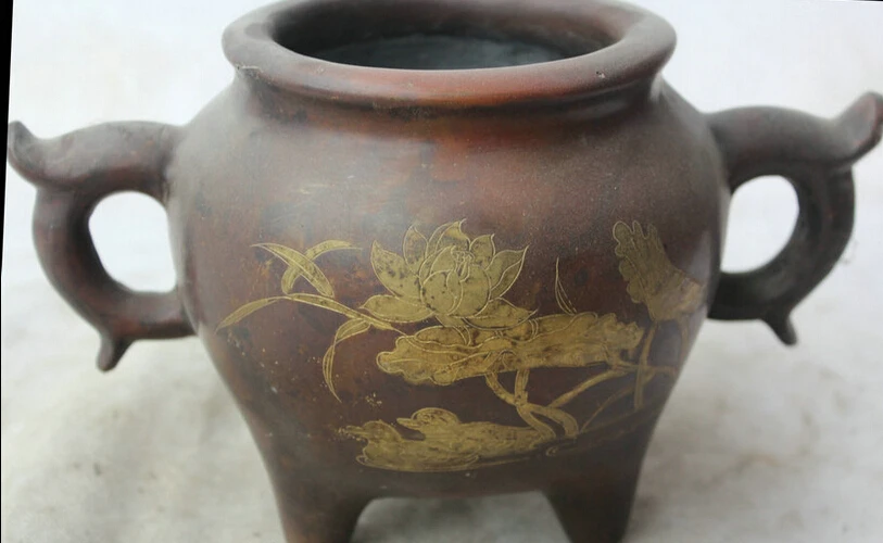 

Collectible bronze S1476 10" Marked China Dynasty palace Bronze 3 Foot lotus flower Incense Burner Censer