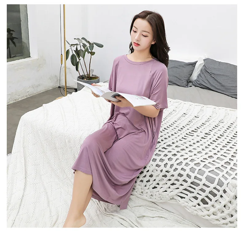 Женская ночная рубашка плюс размер пижамы модал с круглым вырезом короткий рукав ночная рубашка-пеньюар повседневное домашнее платье