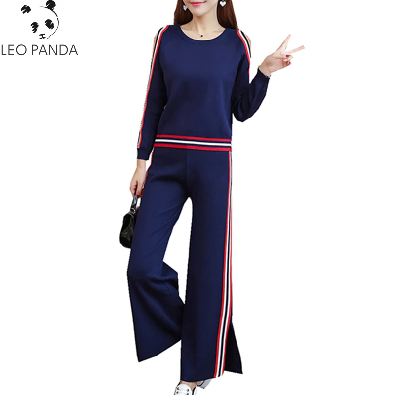 

Spring Autumn Women O-Neck Striped knitted Sweatshirts Pants Female Fashion Strapless Two Pieces Sportwear Sporting Suit ZX975