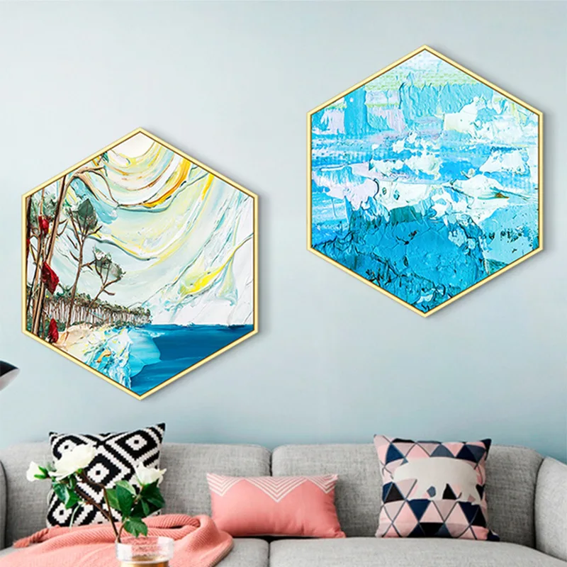 

Abstract hexagonal living room decorative painting Simple modern sofa background wall painting Restaurant Creative mural framed