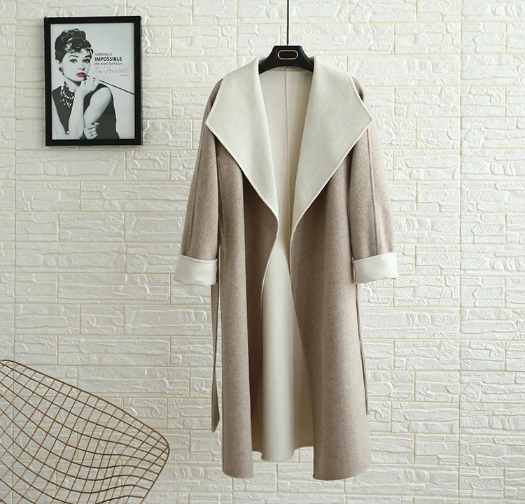 Для женщин Шерстяное пальто шерстяные Coat2018 Новая мода осень-зима Высокое качество ремень ручной работы, Длинная шерстяная Верхняя одежда с отложным воротником