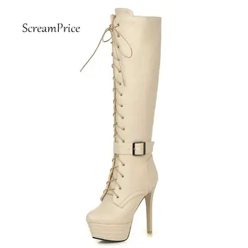 

Women Side Zipper Platform Lace Up Buckle High Heel Knee Boots Sexy Thin High Heel Winter Shoes Brown White Beige Black