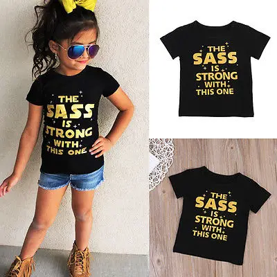 Одежда для малышей топы для девочек с принтом «sass», футболка черный с короткими рукавами, футболка, одежда