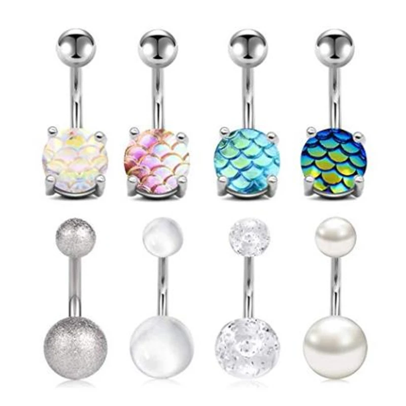 

JFORYOU 14G 8 Pcs Belly Button Rings for Women Girls Stainless Steel Navel Rings Mermaid Fish Scale CZ Synthetic Pearl Body