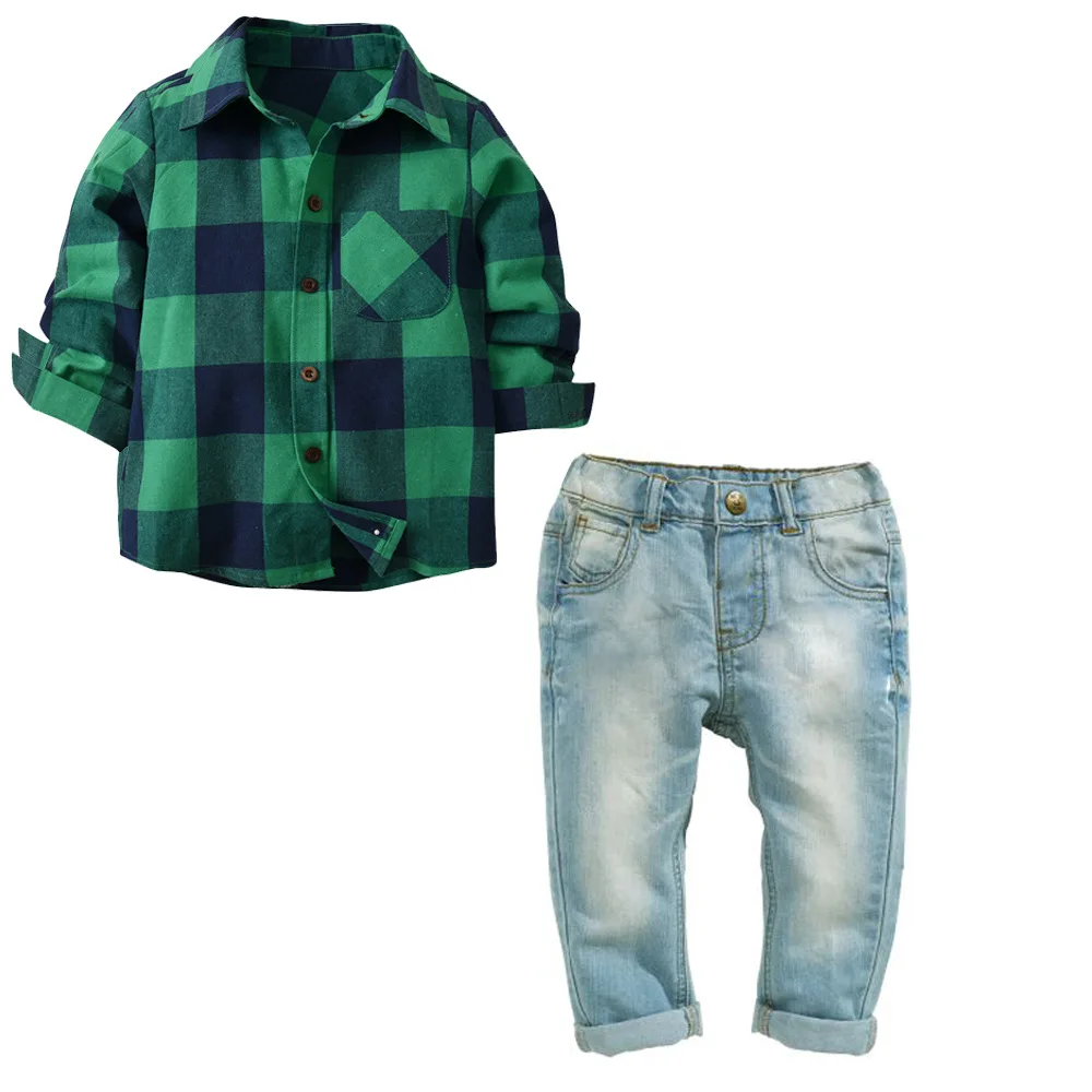 

Baby Boys 2-Pieces Clothing Sets Cotton Long-sleeved Green Plaid Shirt + Jeans Spring Autumn For 2-7 Years Old
