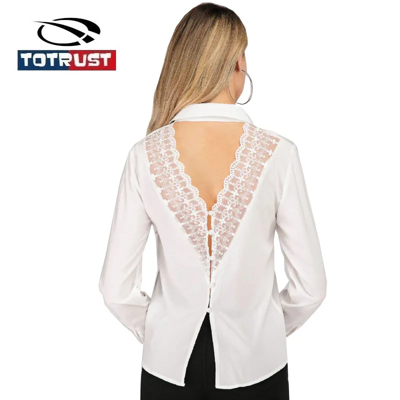 

TOTRUST White Sexy Woman Lace Blouse Long Sleeve 2019 Summer V Neck Chiffon Shirt Women Elegant Blusas Femininas Camisas Mujer