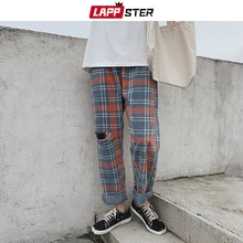LAPPSTER мужские рваные джинсы, клетчатые брюки, лето, мешковатые потертые джинсы, Мужские повседневные корейские модные брюки Harajuku 2XL
