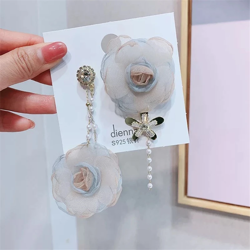 

Korean Fashion Sweet Earring Big Long asymmetric Yarn Flower Crystal Earrings For Women Girls Jewelry Gift Wholesale