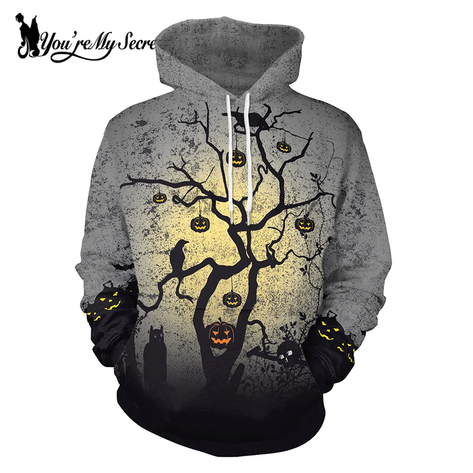 

[You're My Secret] 2019 Halloween Festival Pumpkin Crow Tree Grey Sky Digital Print Unisex Long Sleeve Hooded Hoodie Sweatshirt