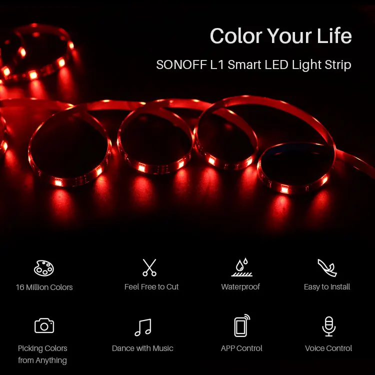 SONOFF L1 умный светодиодный светильник с регулируемой яркостью, водонепроницаемый, Wi-Fi, гибкий RGB светильник s, работающий с Alexa Google, для домашнего танца с музыкой
