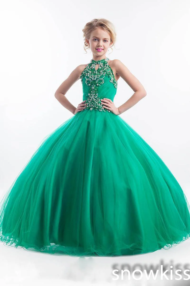 Новое поступление, изумрудное Зеленое Длинное блестящее платье для торжеств с бисером и кристаллами для девочек, элегантные тюлевые Бальные платья для выпускного вечера
