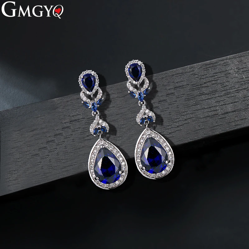 

GMGYQ Elegant Blue Water Droplets Zirconia Crystals Earring Jewellery For Women Evening Dress Accessories Women's Fashion Gifts