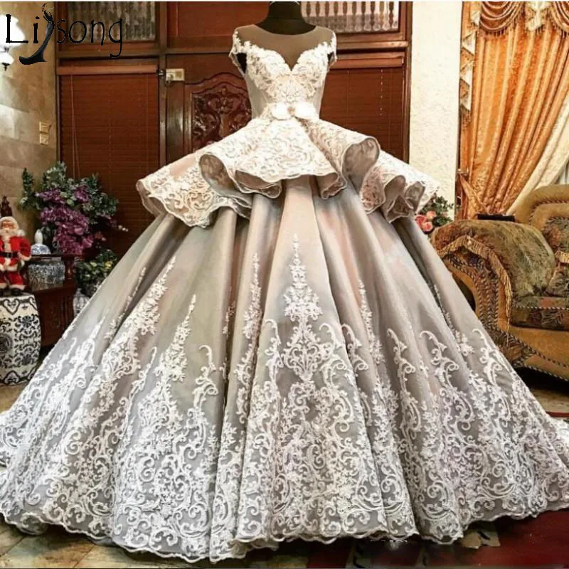 Luxury Wedding Dresses 2019 Sheer Neck Cap Sleeve Lace Appliques Bridal Gowns Peplum Ball Gown Satin Wedding Vestidos Custom Made359