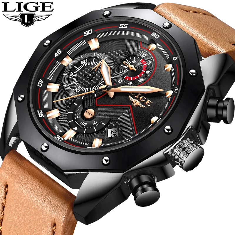 Men Watches LIGE Top Brand Luxury Leather Quartz Gold Watch Men Casual ...