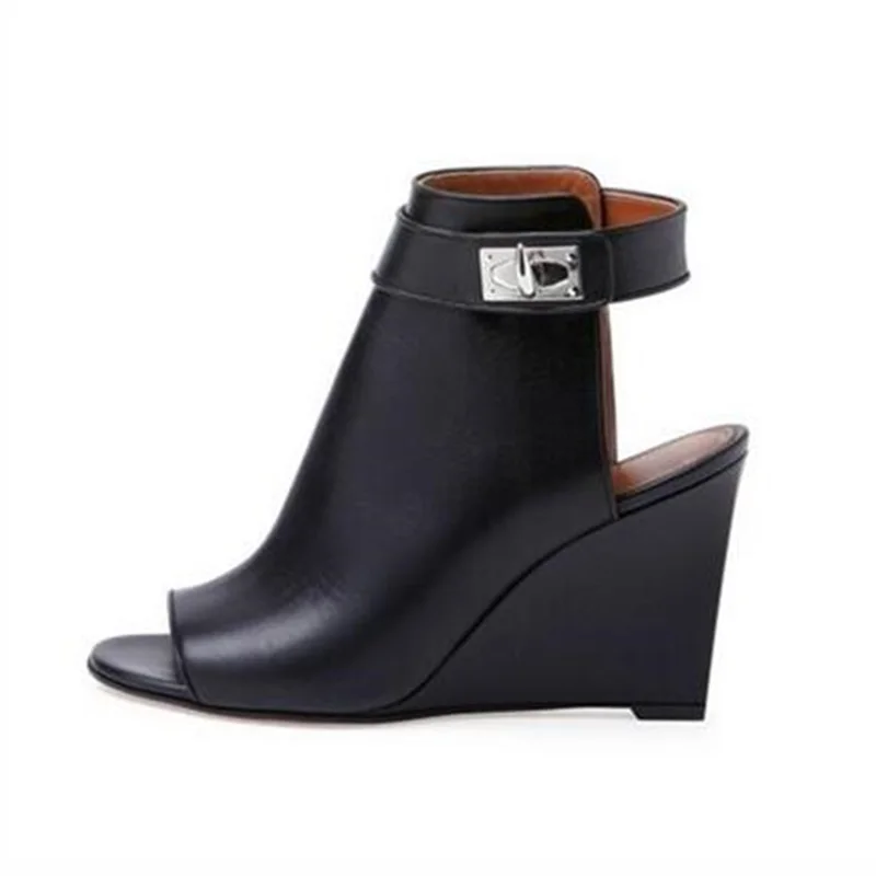 

Fashion Black Leather Wedge Boots Peep Toe Cut-out Buckle Strap Lock Decor Ankle Boots Sexy Hegight Increasing Short Bootie