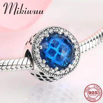 

925 Sterling Silver Round Shape navy blue Zircon diy Bead women's fine gift Jewelry making fit Original Pandora Charms Bracelet