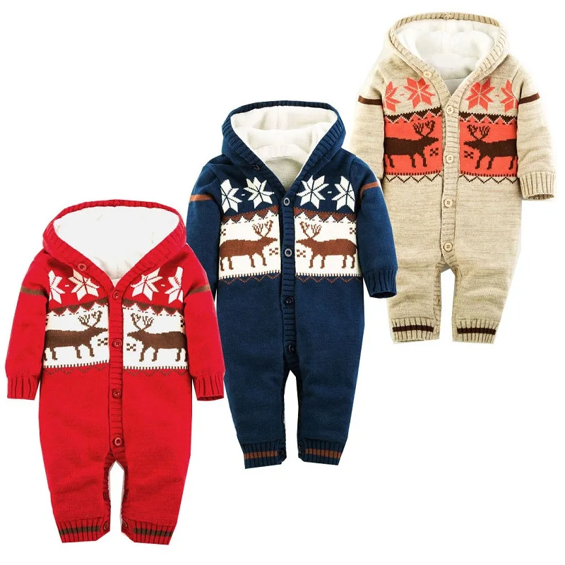 

Thick Warm Infant Newborn Baby Boy Girl Knitted Sweater Jumpsuit Hooded Kid Toddler Outerwear Baby Rompers Winter Clothes