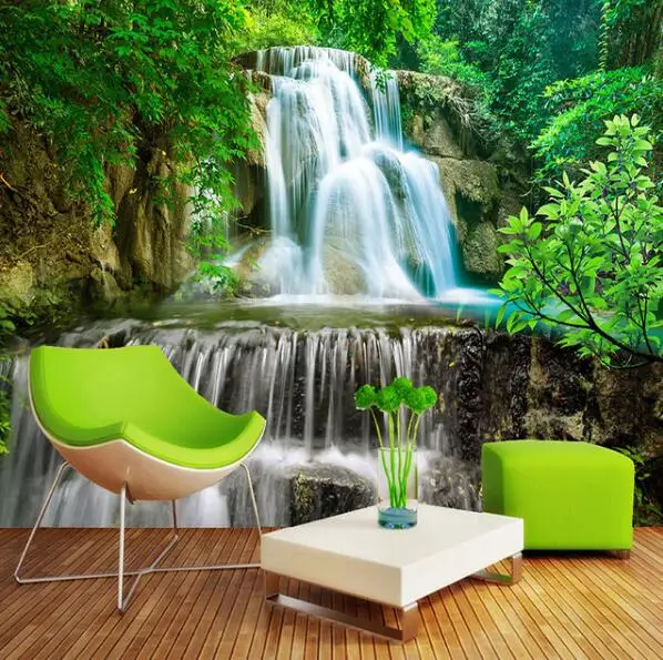 

Custom Wall Mural Photo Wall Paper 3D Green Forest Waterfall Natural Landscape Painting silk Straw Textured Wallpaper Mural