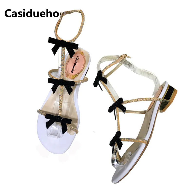 

Casidueho Black Crystal Sandalias Mujer 2018 Bow-ties Shoes Woman Leather Cute Gladiator Sandals Women Thick Heels Sexy Slides
