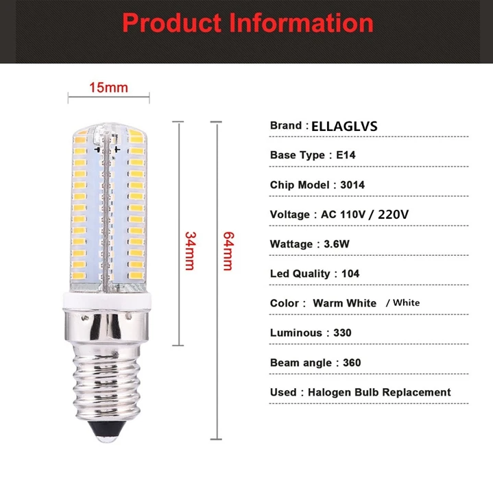 LED Лампочки AC110V/220 В 3.6 Вт 3014 SMD 104 галогенные лампы накаливания Замена 3500 К белый, 5 шт./лот