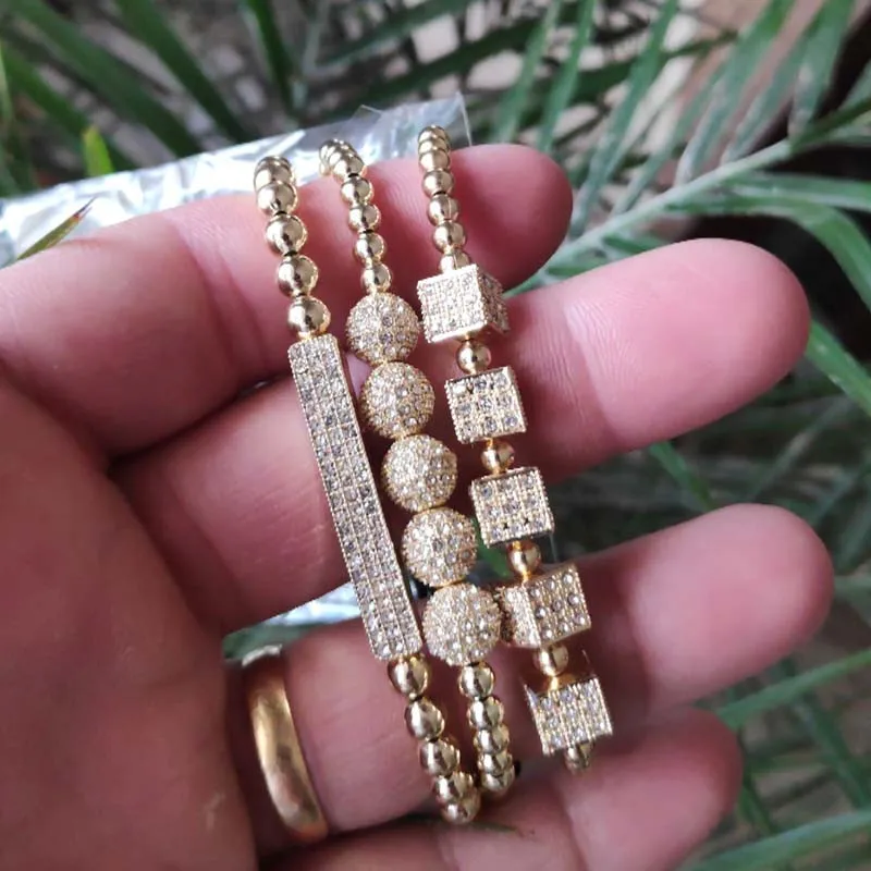

3Pcs/Set Gold Color Mixed Wedding Braiding Bracelets Set Micro CZ Bar Dice Ball Charm Bracelets Bangles Sets for Woman Men
