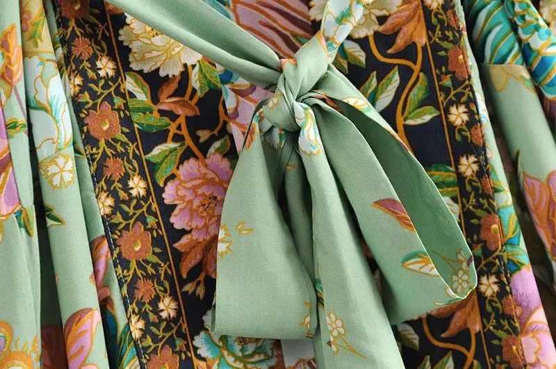 Boho Винтаж Цветочный принт зеленый длинный дизайн кимоно с рукавами «летучая мышь» кардиган для женщин пляжное платье макси; Праздничная уличная одежда; в богемном стиле