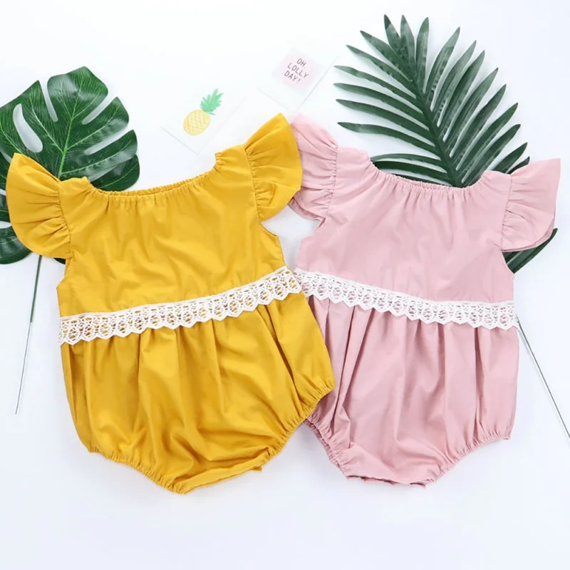 

Summer Baby Bodysuits Newborn Infant Girls Flare Sleeve Bodysuit Toddler Solid Pattern Cotton One-Piece Lovely Jumpsuit