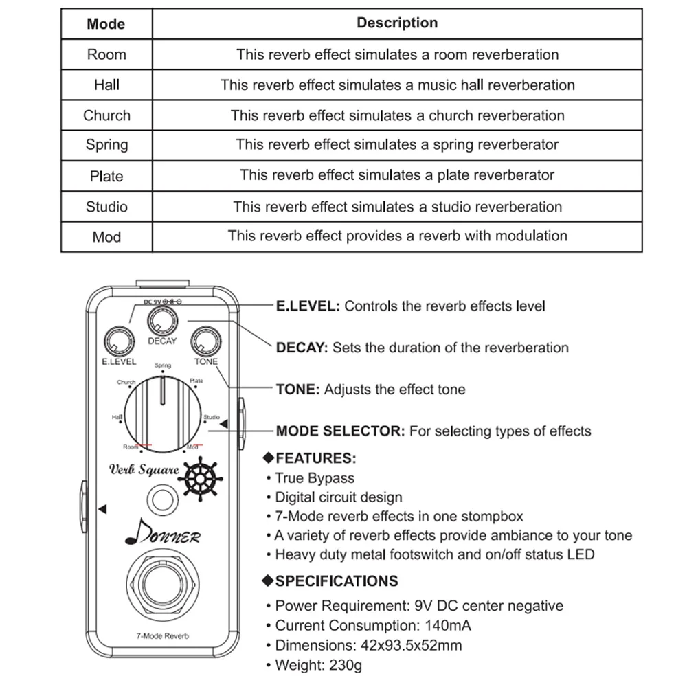 Donner реверберации педали 7 режимов реверберации гитарный эффект педали цифровая схема дизайн истинный обход гитарные части высокое качество