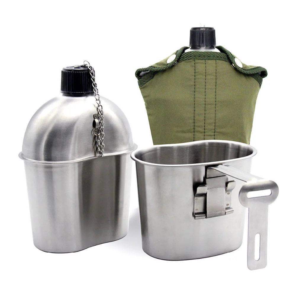 Stainless Steel Military Canteen 1L Portable with 0.5 L Cup Green Cover Camping Hiking Army Camping Picnic Travel Accessories