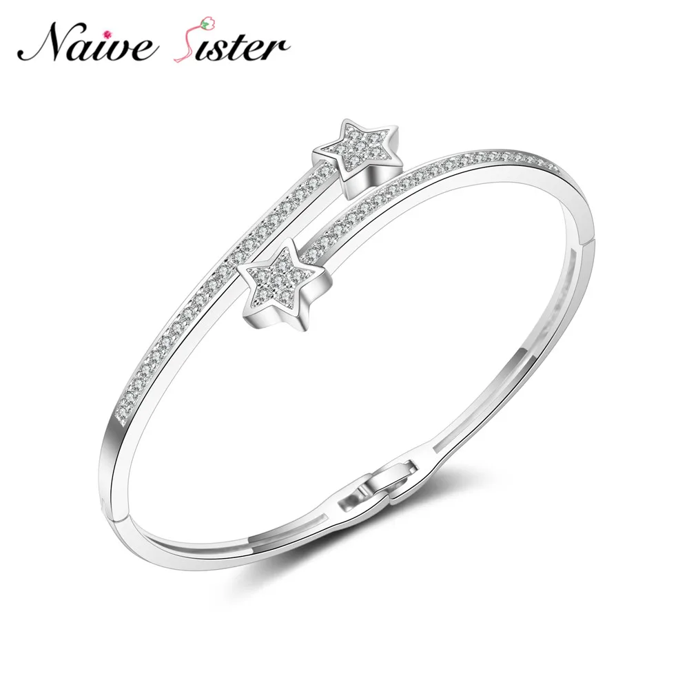 

2018 New Fashion Silver Color Austrian Crystal Paved Bangle Women Copper Star Bracelet Cubic Zirconia Love Jewelry Vintage