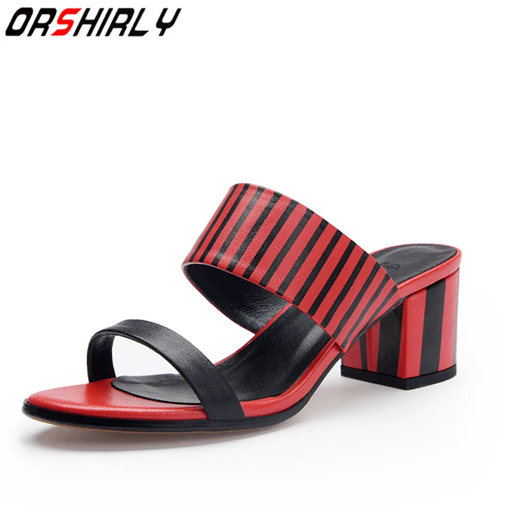 

Orshirly new arrivel Striped Genuine leather Gladiator sandals woman Fashion thick Heels Women slippers Big Size 34-39 handmade