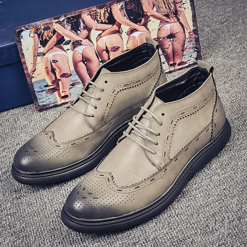 

Men's High Top Shoes New 2018 Autumn Black Grey Men Motorcycles Boots Height increase Brogue Shoes Man Martin Boots 38-44