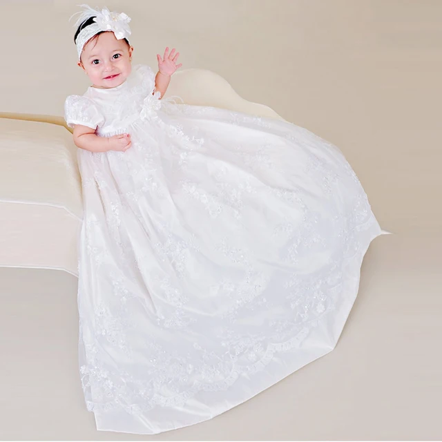 Cheap Heirloom-style Back Button First Communion Dress Muslin Puffed Sleeves Ruffled Lace Overlay Rosette Christening Gowns for Babies