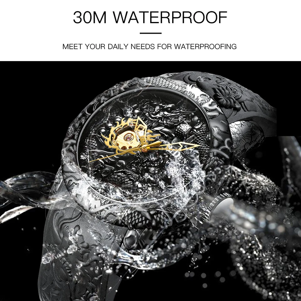 Men Mechanical Watch Men Big Watches Gold Full Black Wristwatch Creative 3D Sculpture Dragon Laser Engraved Male Hand Wind Clock