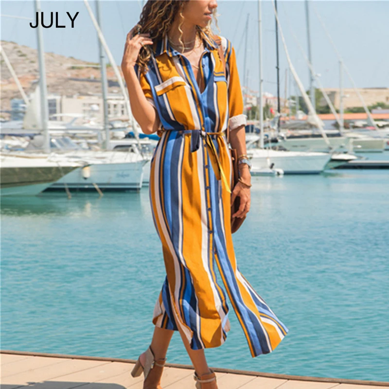 

2019 Turn Down Collar Office Ladies Stripe Shirt Dress Long Chiffon Beach Dress Casual Long Sleeve Elegant Party Dress Vestidos