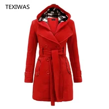 TEXIWAS зимнее шерстяное пальто с капюшоном, теплое пальто с поясом, женское тонкое пальто на пуговицах, Женское пальто с капюшоном, длинное шерстяное пальто, верхняя одежда
