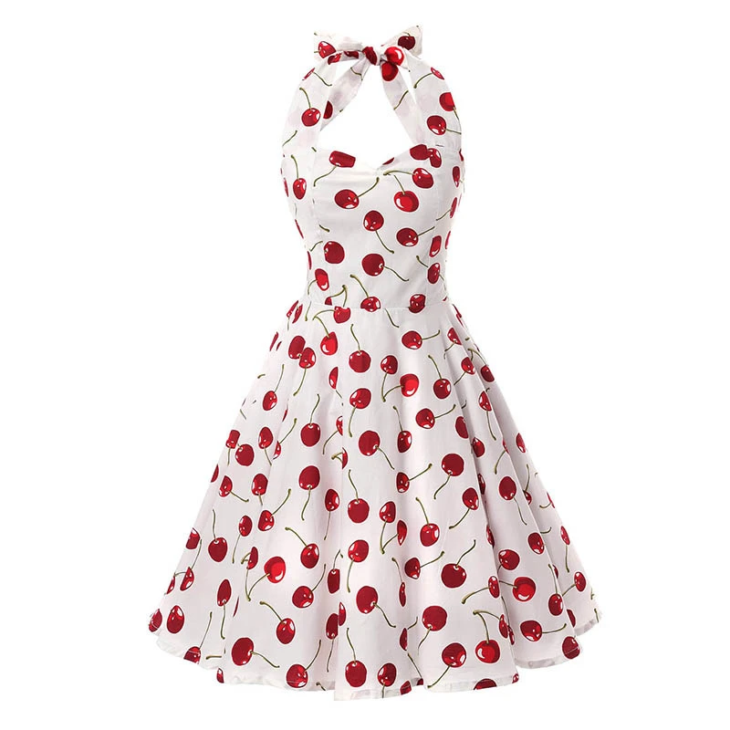 Kostlish 1950s Hepburn Style Women Summer Dress Cotton Halter Cherry Print Vintage Dress Women 2017 Tunic Party Dresses Sundress (4)