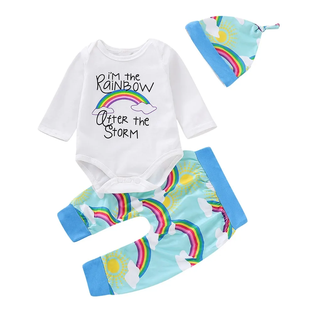 

Puseky Infant Newborn Baby Girls Boys Clothes Letter Print Romper Jumpsuit T-Shirt Rainbow Pants Hat 3pcs Outfits clothing Set