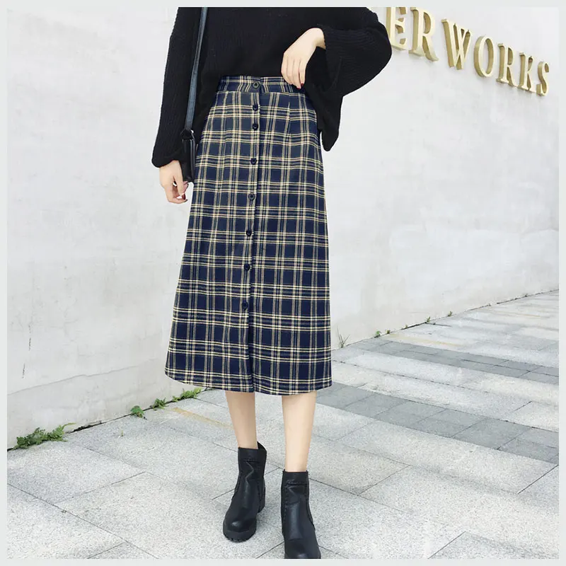 

Skirt Long For Women 2018 Autumn Spring Ladies Elastic waist Single-breasted Plaid Tartan Maxi Skirt Woolen Vintage Skirts