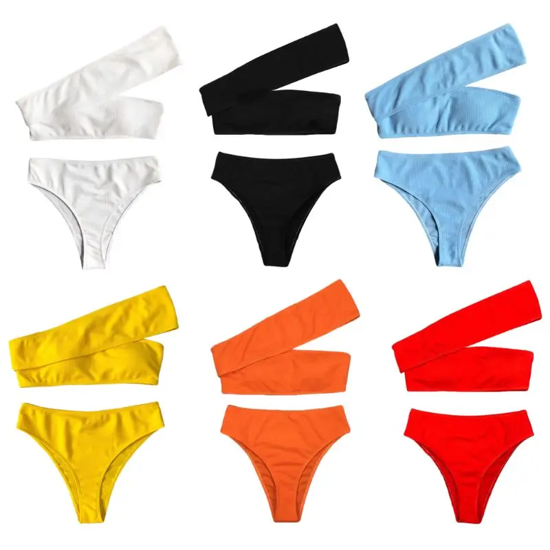 

Bikini Set One Off The Shoulder Irregular Wrapped Crop Top High Waist Thong Solid Color Thread Vertical Stripes Swimsuit